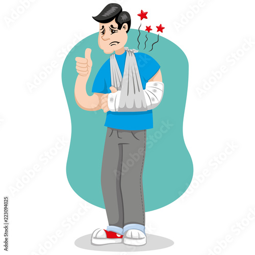 Mascot bob person man, with arm bandaged, fracture, immobilized, using temporary sling. Ideal for informational and institutional related to medicine