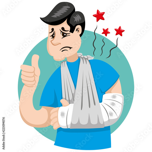 Mascot bob person man, with arm bandaged, fracture, immobilized, using temporary sling. Ideal for informational and institutional related to medicine