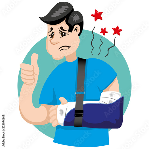 Mascot bob person man, with arm bandaged, fracture, immobilized, using orthopedic sling. Ideal for informational and institutional related to medicine
