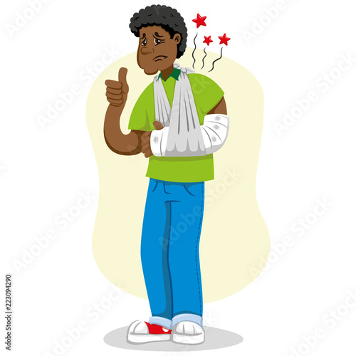 Mascot ben person man, with arm bandaged, fracture, immobilized, using temporary sling. Ideal for informational and institutional related to medicine