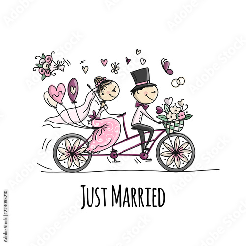 Wedding card design. Bride and groom riding on bicycle
