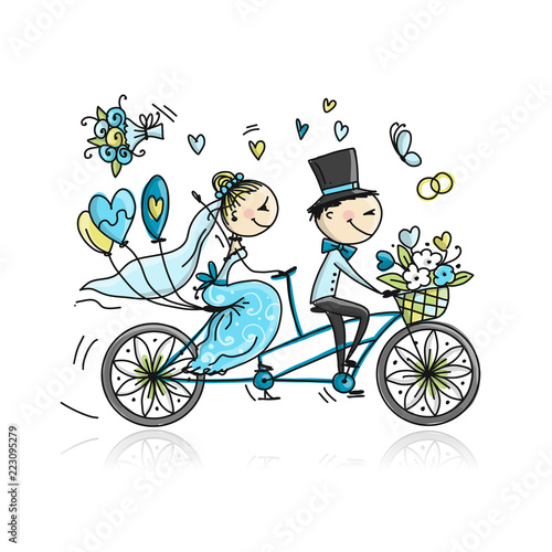 Wedding card design. Bride and groom riding on bicycle