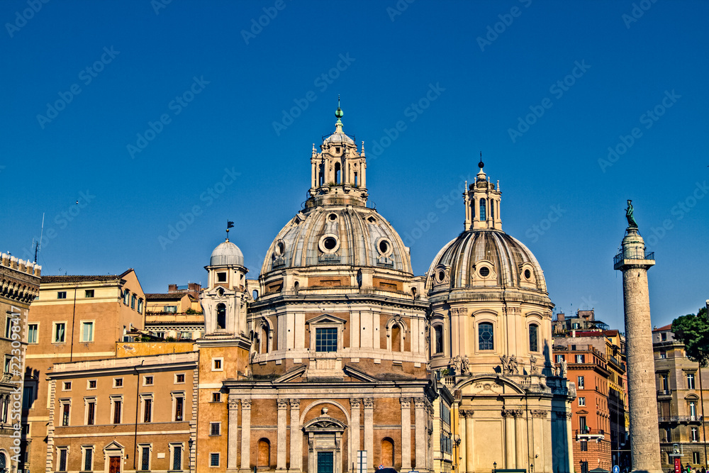 Distinctive double domes of Santa Maria di Loreto in Rome, Italy
