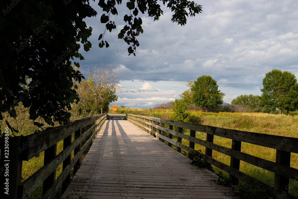 A wooden bridge in the Iles de Boucherville National Park in Quebec, Canada. 