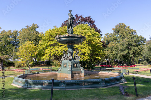 Halifax Public Gardens Victoria Fountain, summer, wide shot, no people.
