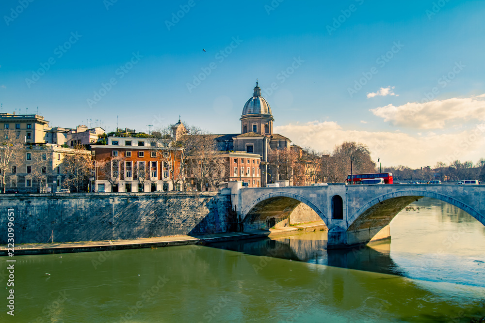 Bridge Crossing into Tiber Island in Rome, Italy