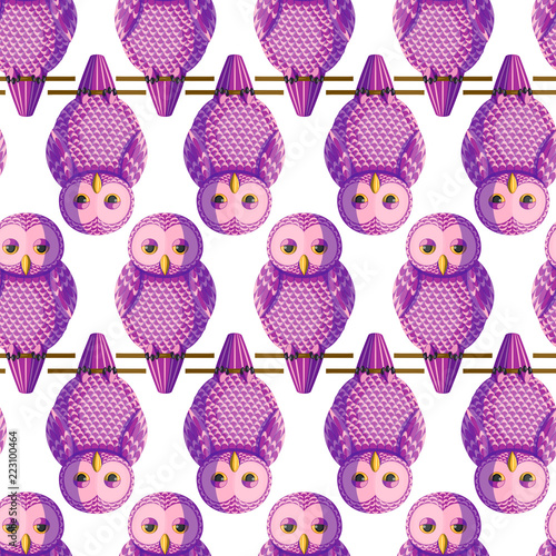 Seamless vector pattern with purple pink owls.