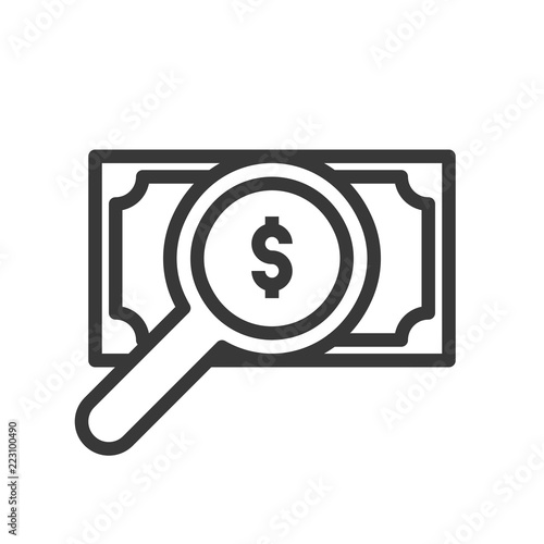 magnify glass and banknote, analysis or checking economic concept, bank and financial related icon, editable stroke outline