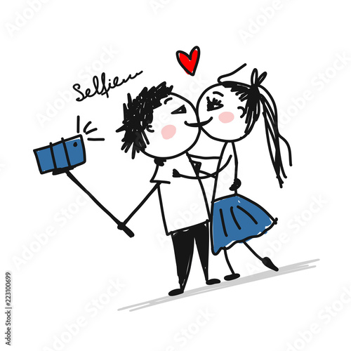 Couple in love do photos with mobile smart phone device using selfie