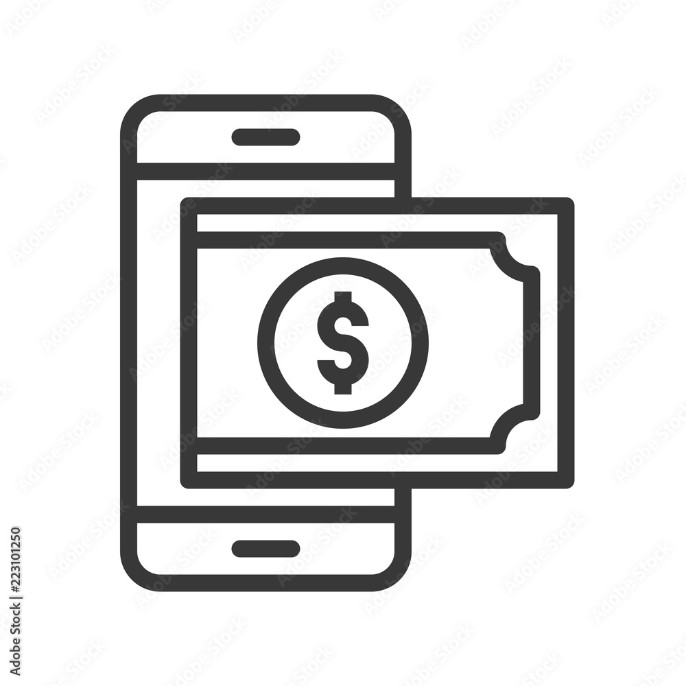 dollar bill on smart phone, e payment, e wallet or mobile phone payment icon, editable stroke outline dollar bill on smart phone, e payment, e wallet or mobile phone payment icon, editable stroke outline