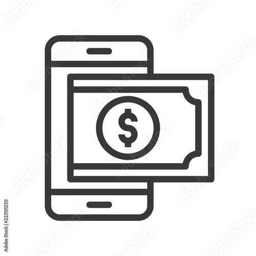 dollar bill on smart phone, e payment, e wallet or mobile phone payment icon, editable stroke outline