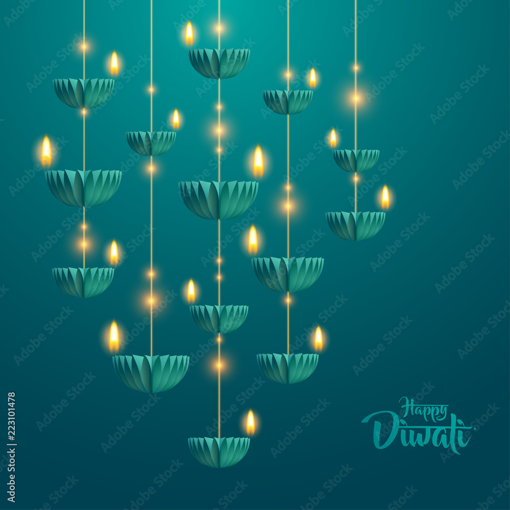 Naklejka premium Happy Diwali. Hanging paper graphic of Diya lantern. Indian festival of lights. 