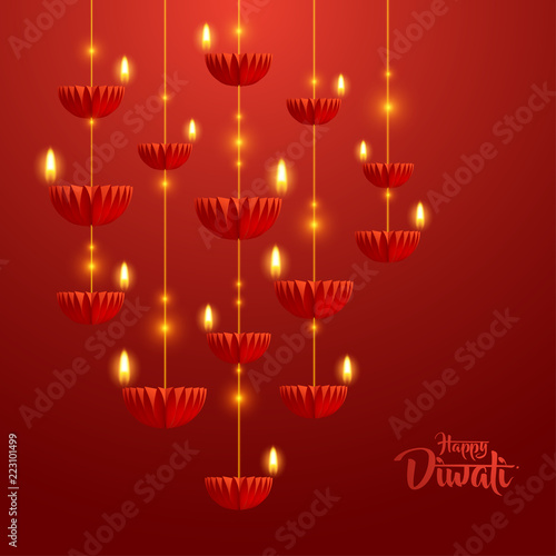 Happy Diwali. Hanging paper graphic of Diya lantern. Indian festival of lights. 