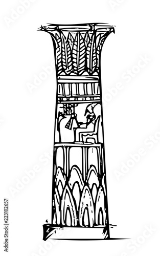Ancient Grandiose Column with patterns and hieroglyphics in the Egyptian temple (sketch).