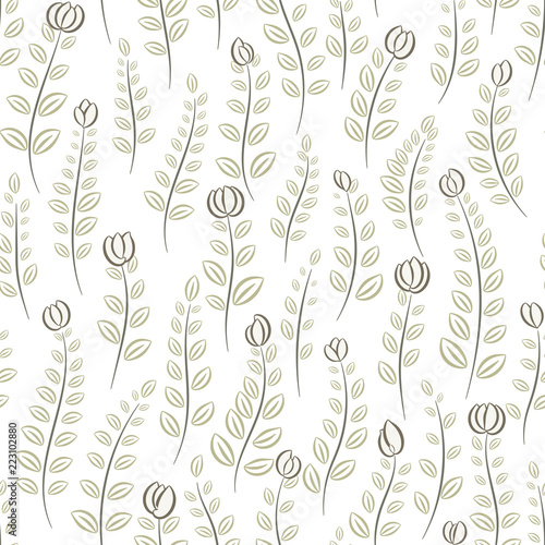 Seamless vector floral pattern with small outline flowers in monochrome gray on white background.