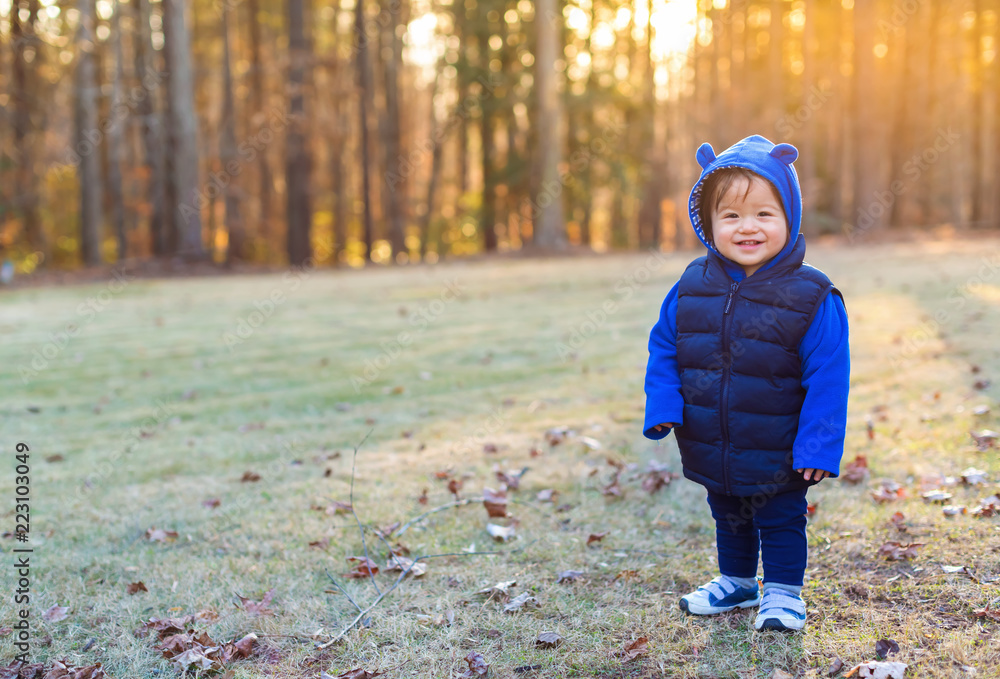 Toddler boy playing outside on an autumn day Toddler boy playing outside on an autumn day