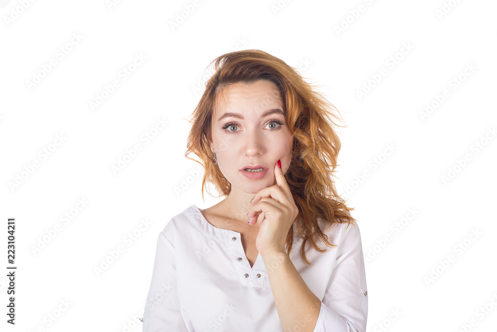 Portrait of a beautiful young woman thinking, isolated on white background. Portrait of a beautiful young woman thinking, isolated on white background.