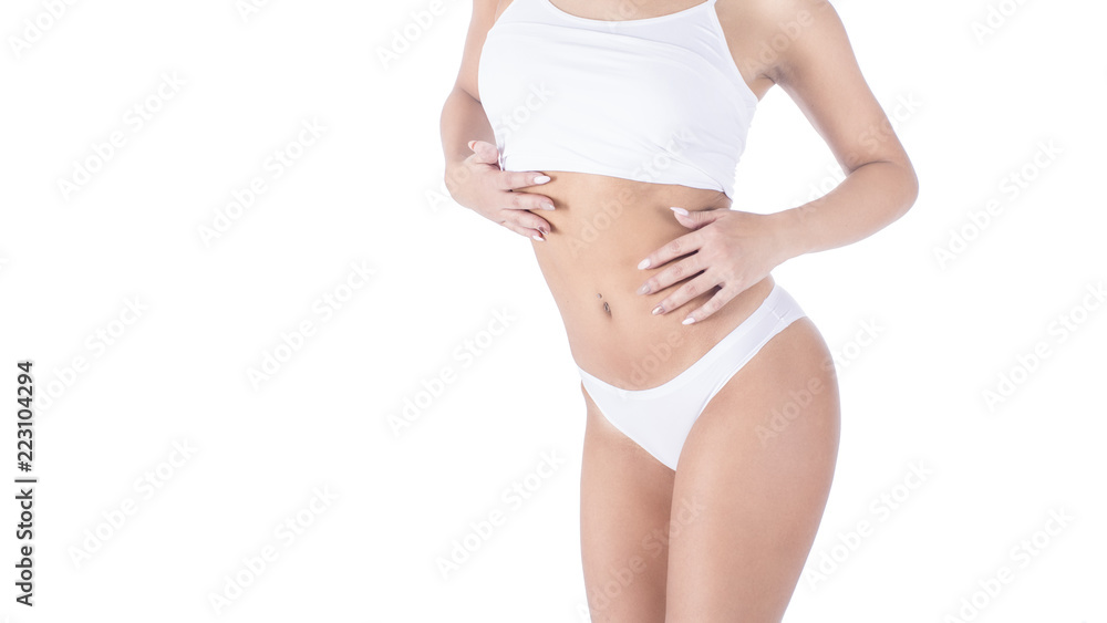 Female body in white lingerie on it isolated on white. Fat lose, liposuction and cellulite removal concept