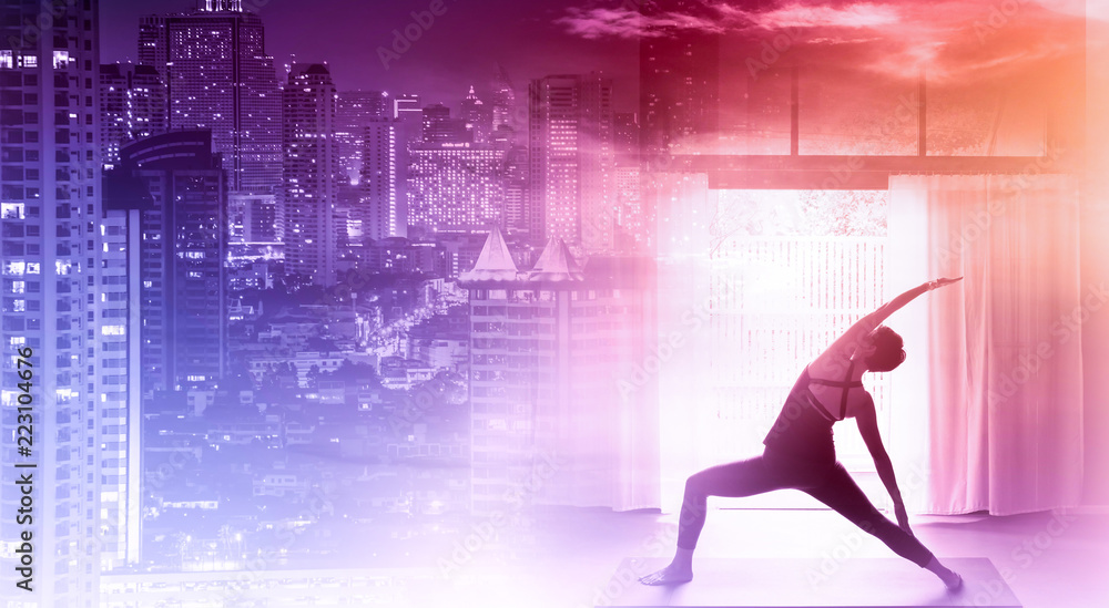 Young woman practicing yoga in  color background.Young people do yoga indoor for therapy her life style.Close up hands in meditating gesture. back to nature concept