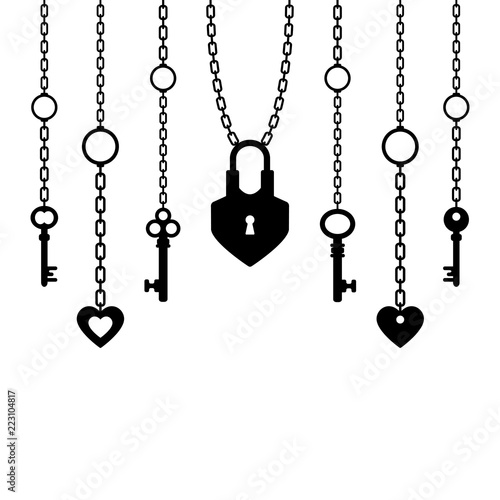 black silhouette of padlock and keys with chain