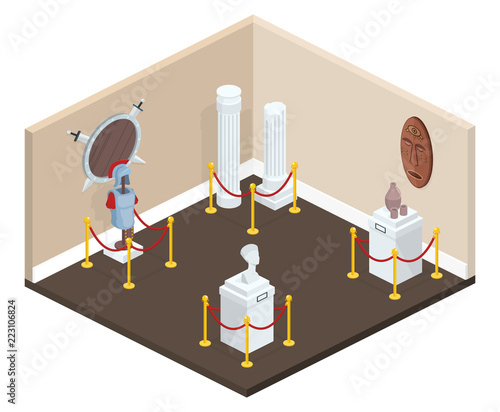 Museum exhibition hall in cross section vector illustration of gallery with exhibits on pedestal stands surrounded by red rope borders. Warrior armor, antique culture vase or architecture pillars