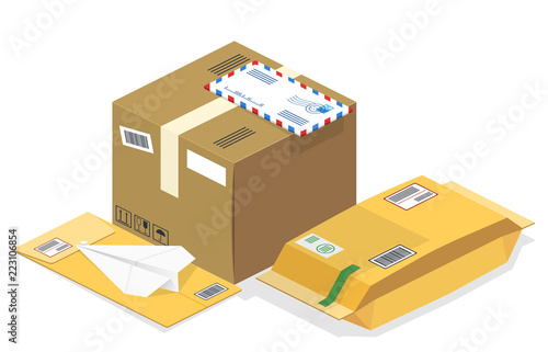 Vector realistic isometric illustration, a set of postal parcels, packages, registered letters, mails ready for fast delivery to the recipient, isolated on white background