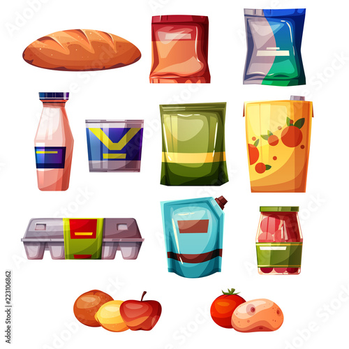 Grocery products from supermarket or store vector illustration. Isolated set of bread, milk or yogurt bottle, eggs in carton box package, ketchup, mayonnaise and juice pack with fruits and vegetables