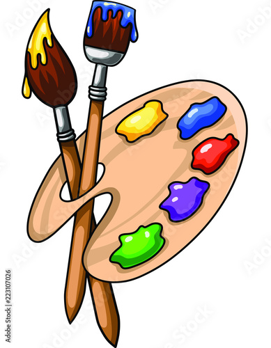 Cartoon wooden art Palette with paints and two brushes isolated on white background, vector illustration