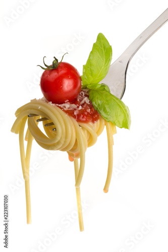 Spaghetti on a Fork with Tomato Sauce and Basil