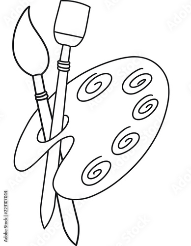 Art palette with paints and brushes. Doodle Black and white vector illustration for posters, coloring books and other items.