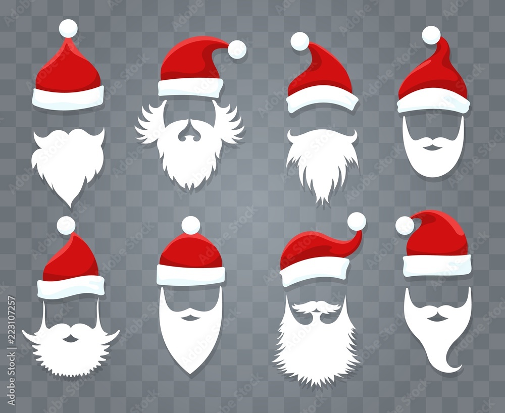 Santa hats and beards. Vector santa xmas face with hat or cap and christmas beard Santa hats and beards. Vector santa xmas face with hat or cap and christmas beard
