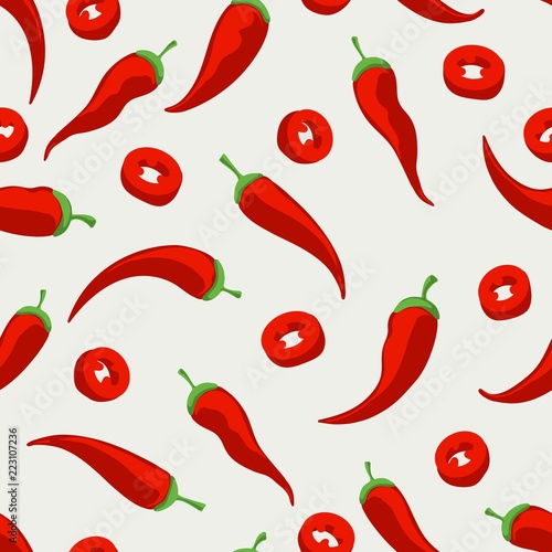 Mexican pepper food pattern. Spicy hot mexico chili peppers seamless pattern for markets and cooking wallpaper, vector illustration