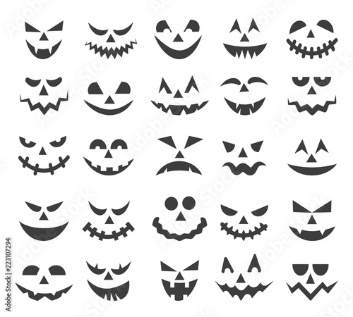 Halloween ghost faces. Scary pumpkin devils smiles, spooky jack o lanter or frightened vampire face set isolated on white background, vector illustration