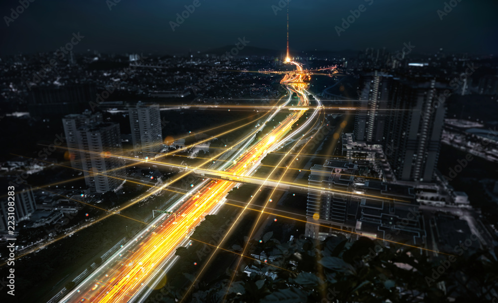 Communication network and traffic light on highway .Concept of smart city network, internet communication and digital traffic management system . - obrazy, fototapety, plakaty 