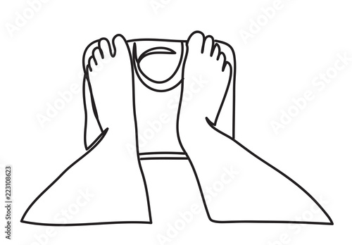 Standing on a scale. Measuring body weight concept. continuous line drawing. Vector illustration. Isolated