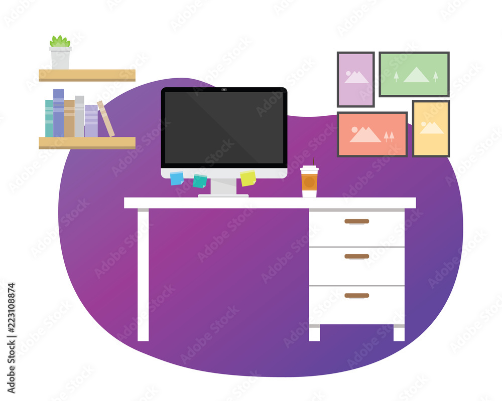 a computer workspace desk table with monitor screen and bubble gradient color