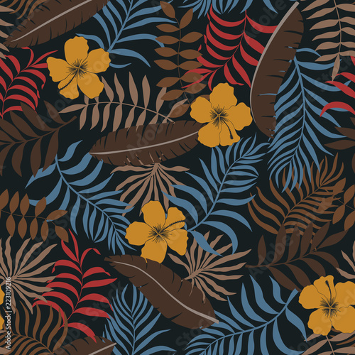 Tropical background with palm leaves and flowers. Seamless floral pattern. Summer vector illustration