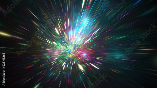 Abstract holiday background with blurred rays and sparkles. Beautiful blue and pink light effect. Digital fractal art. 3d rendering.
