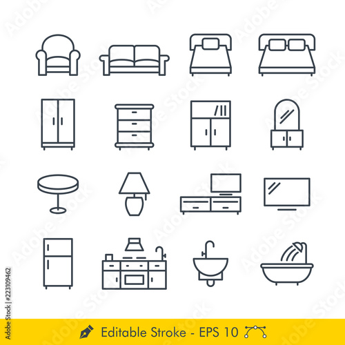 Furniture Related Icons / Vectors Set - In Line / Stroke Design | Contains Such couch, sofa, bed, wardrobe, bookshelf, dressing table, table, lamp, tv stand, refrigerator, kitchen, sink, bathtub, more