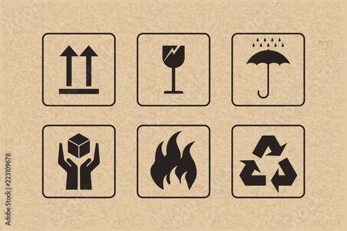 Packaging icon set of fragile care sign and symbol on brown cardboard background. Vector.