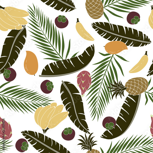 Tropical background with palm leaves exotic fruits. Seamless floral pattern. Summer vector illustration. Flat jungle print