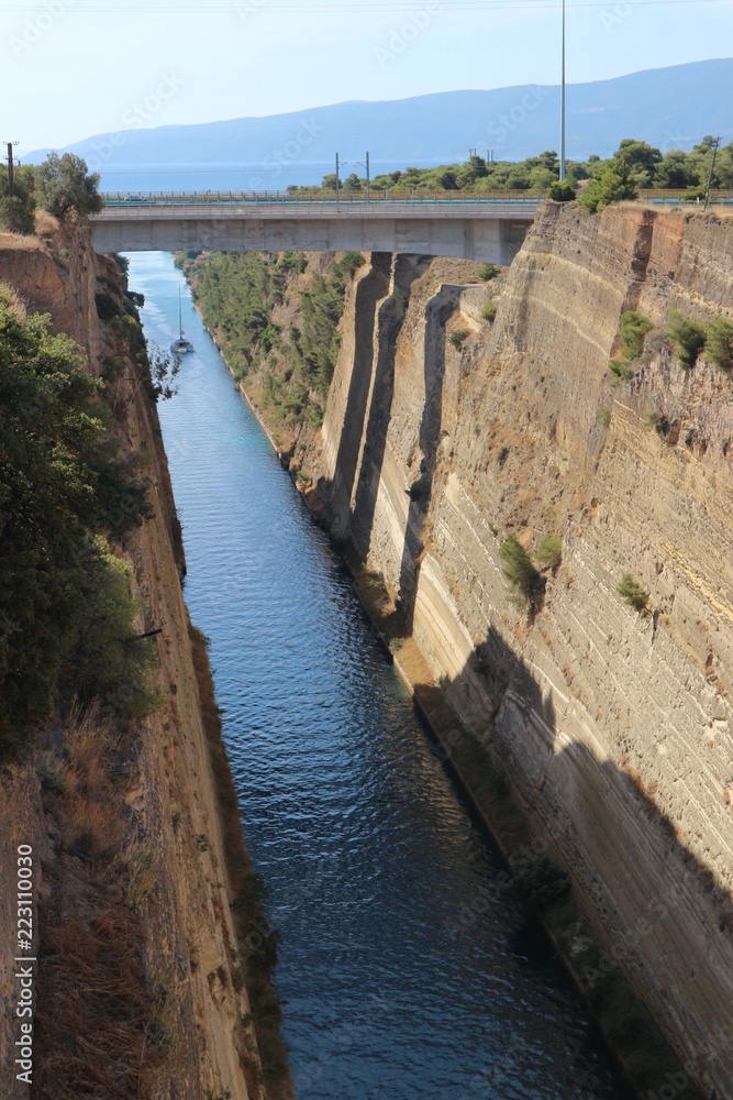 View to Corinth canal and the boat, Peloponnese, Greece