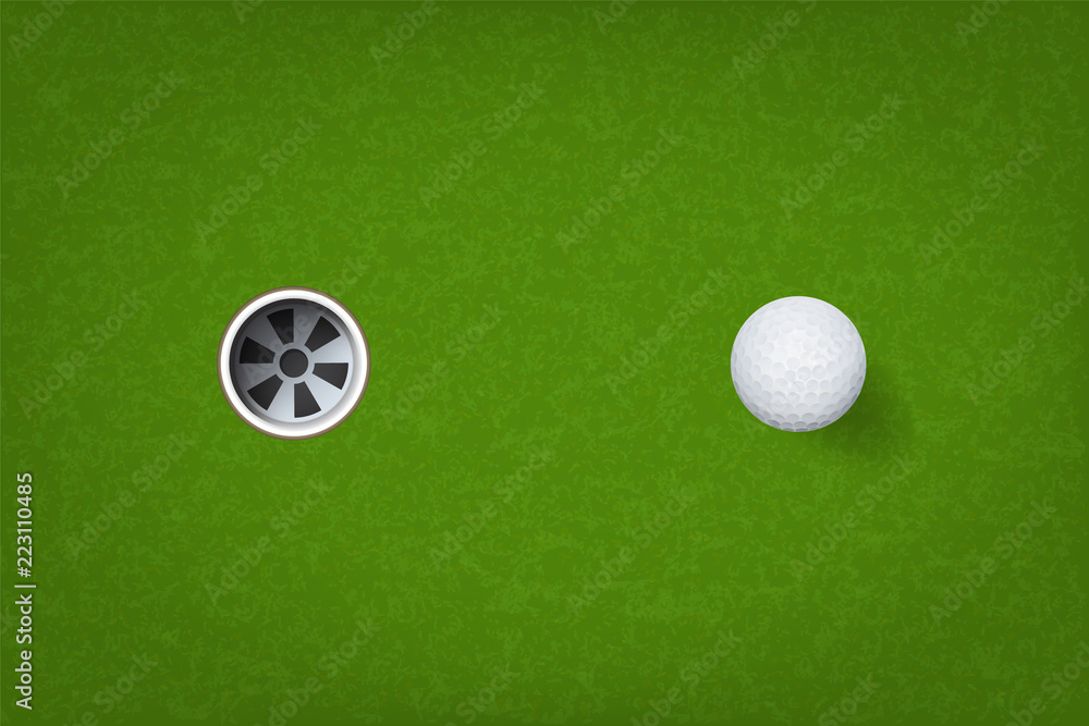 Naklejka premium Golf ball and golf hole on green grass background. Vector.