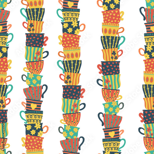 Seamless pattern piles of stacked colorful cups. Colorful background with tea mugs. Hand drawn vector illustration. For menu, cafe, restaurant, bar, poster, fabric, wrapping, banners, scrapbooking