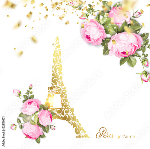 Eiffel tower icon with Golden confetti falls isolated over white background and blooming spring flowers in the bottom. Vector illustration.
