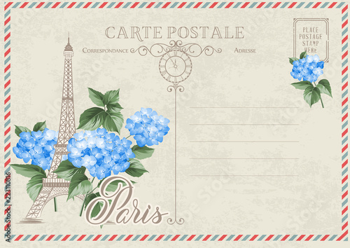Old blank postcard with post stamps and eiffel tower with spring flowers. Vector illustrtion.