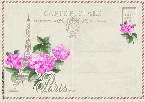 Old blank postcard with post stamps and eiffel tower with spring flowers. Vector illustrtion.