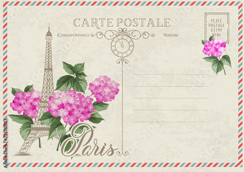 Old blank postcard with post stamps and eiffel tower with summer flowers of hydrangea. Vector illustrtion.