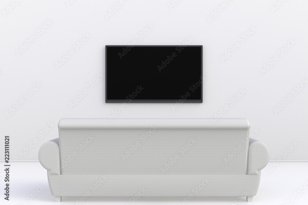 Interior of empty room with TV and sofa, Living room led tv on white wall modern style, 3d rendering Interior of empty room with TV and sofa, Living room led tv on white wall modern style, 3d rendering
