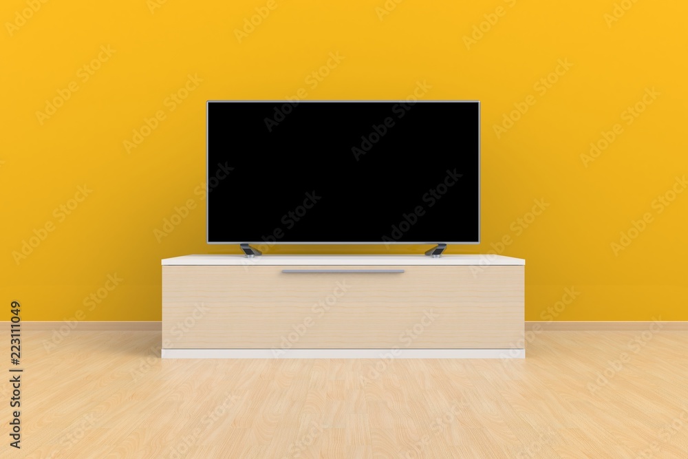 Interior of empty room with TV, Living room led tv on yellow wall with wooden table modern loft style, 3d rendering Interior of empty room with TV, Living room led tv on yellow wall with wooden table modern loft style, 3d rendering